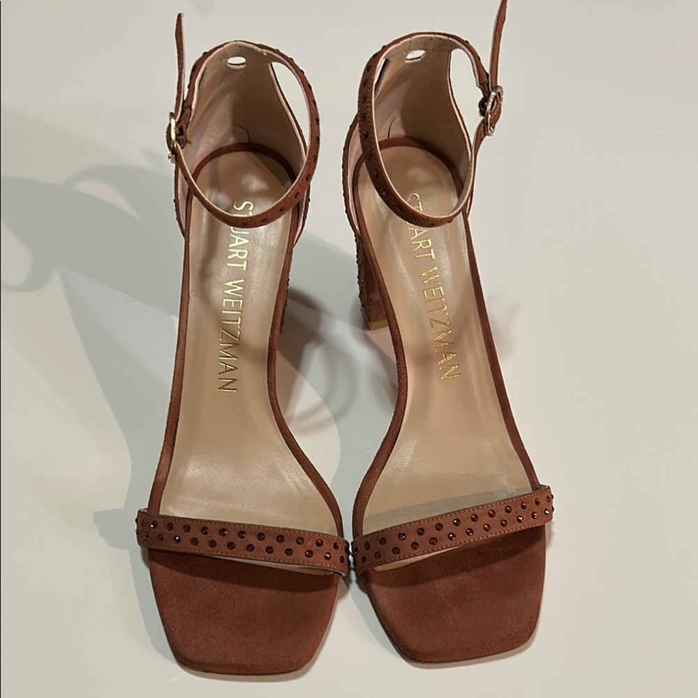 STUART WEITZMAN Studded Suede Sandals Block Heels women’s size 9.5 - Picture 4 of 13